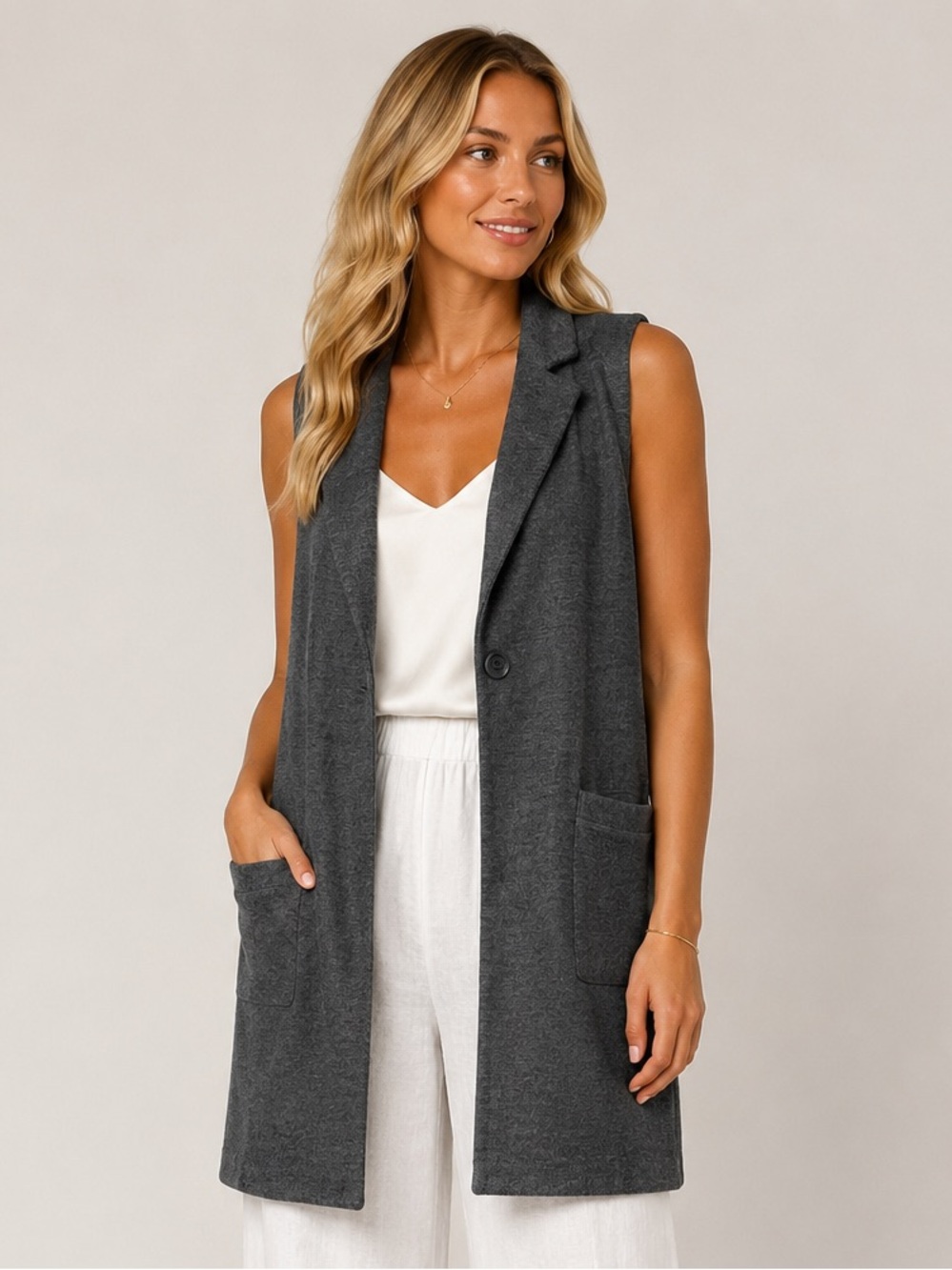 Eileen Fisher Gray Merino Wool Long Duster Vest One Button Pockets L